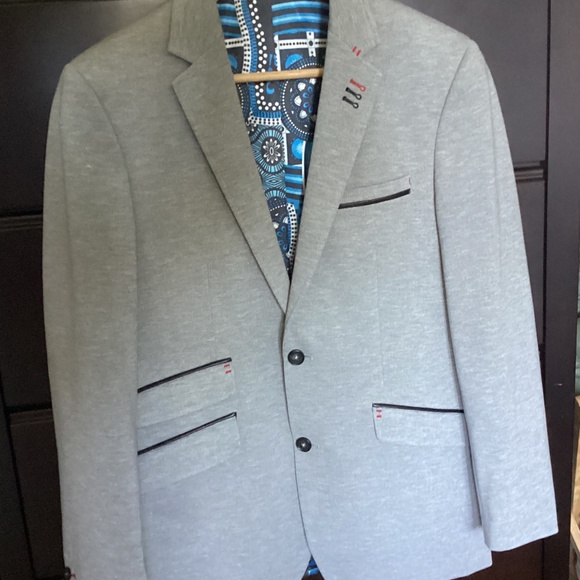 AU NOIR CLASSIC TWO BUTTON LEATHER DETAILED LIGHT GREY BLAZER SIZE SMALL - Picture 1 of 12